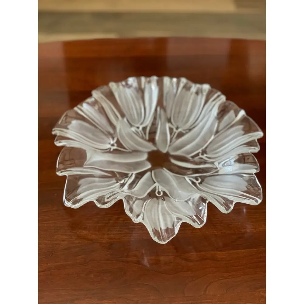 Crystal Dish Etched Floral Design 13 Inch Diameter